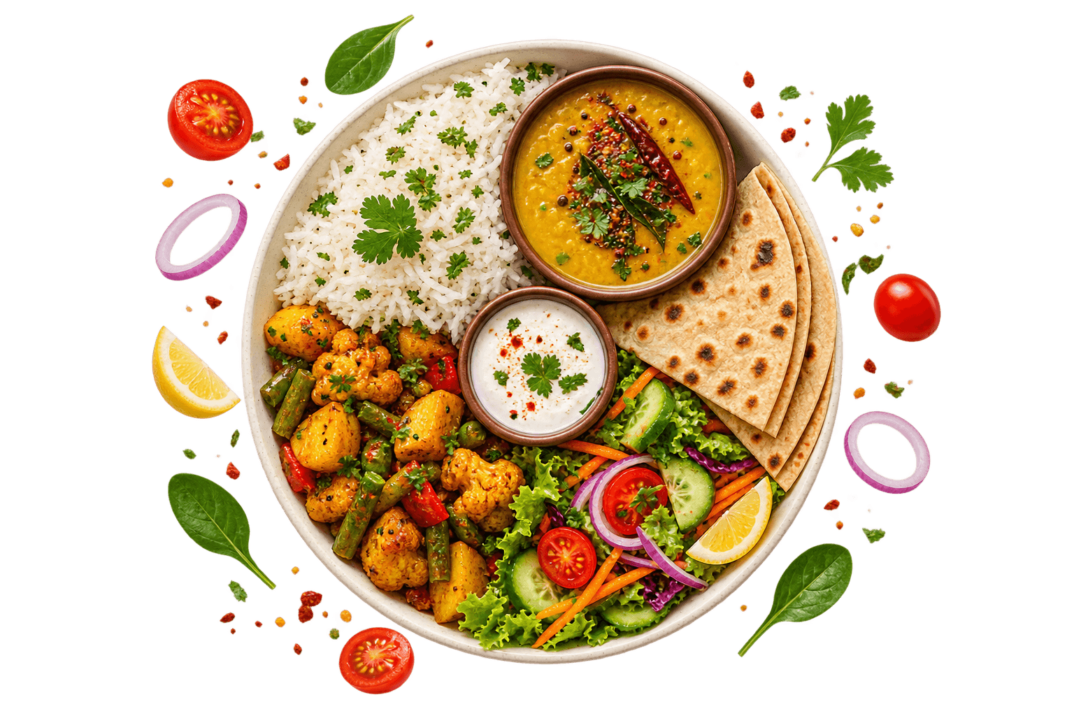 Top-down view of a home-cooked Indian thali with dal, sabzi, rice and roti